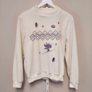 Tanjay Cream Embroidered Novelty Ski Fleece Pullover Sweatshirt Women's S Granny